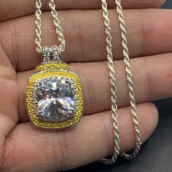 Solid 925 Sterling Silver 5CT Modified Square Cut CZ Pendant on 20" Rope Chain - Picture 13 of 14